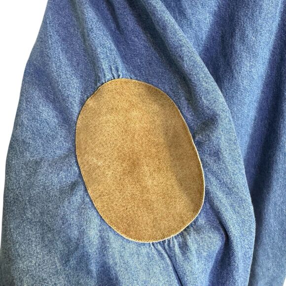 Vintage Brooks Brothers Denim Button Up Shirt Suede Leather Collar Elbow Patches - Picture 3 of 5